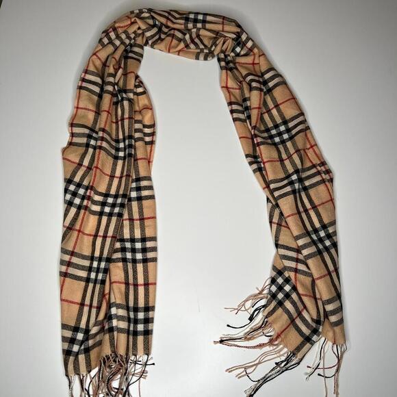 Burberry Wool Scarf Beige Check Plaid Fringe 27”x70” Soft Winter Wrap - Picture 1 of 7